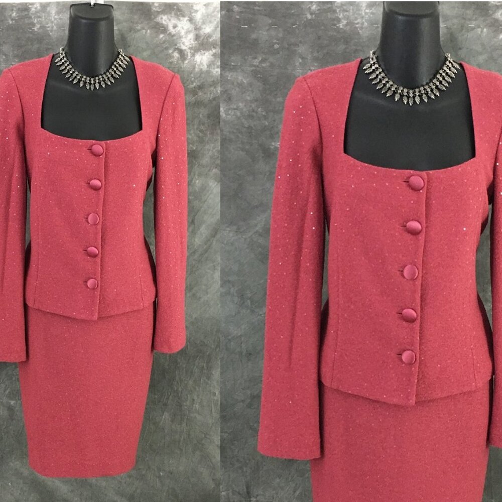 NWT NEW St John evening knit red clay embellished jacket skirt suit size 6 8